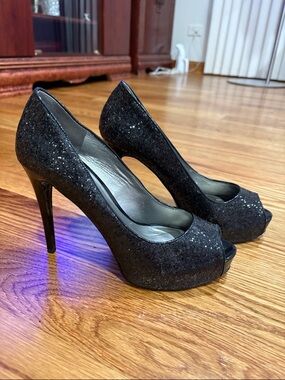GUESS Women’s Black Glitter Peep-Toe platform High Heels stilettos pumps 8.5